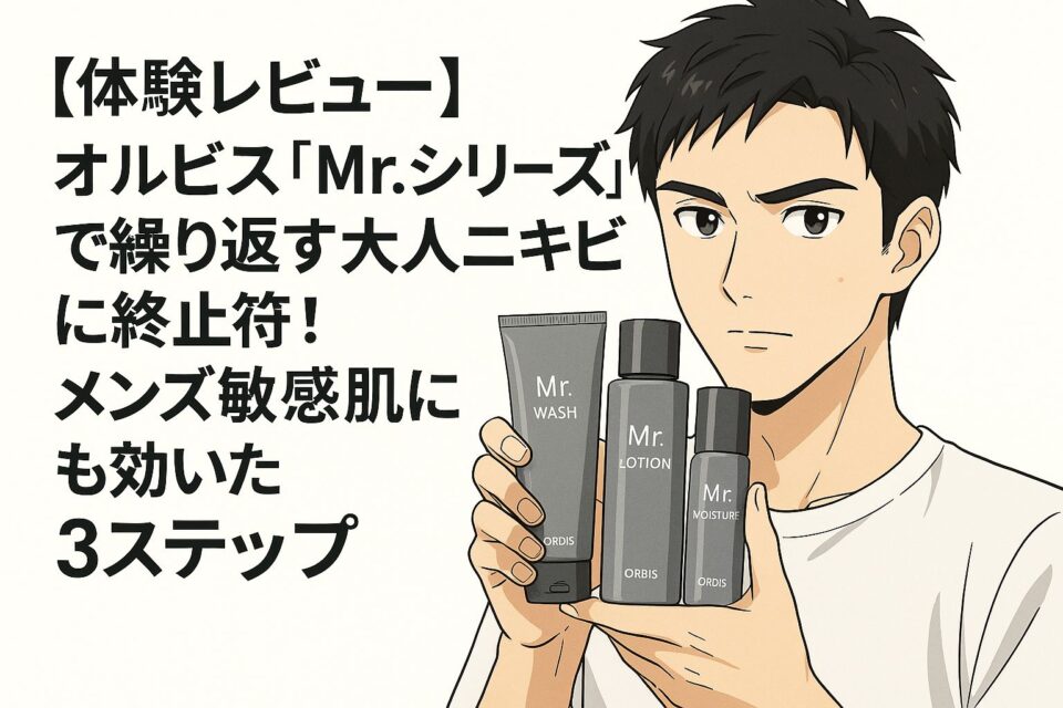 【体験レビュー】オルビス「Mr.シリーズ」で繰り返す大人ニキビに終止符！メンズ敏感肌にも効いた3ステップ」という太字の日本語タイトルが左側に配置され、右側には細めの線画とセルルック塗りで描かれたリアル寄りの男性キャラクターが、ORBIS「Mr. WASH」「Mr. LOTION」「Mr. MOISTURE」の3本を手に持っているイラスト。背景は白ベースでくすみシャドウを要所に入れたことでほのかな立体感を演出しつつ、コントラストと色味はハッキリと仕上げています。