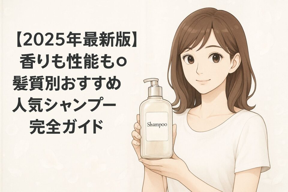 【2025年最新版】香りも性能も◎ 髪質別おすすめ人気シャンプー完全ガイドのタイトルと、香水ボトルのようなデザインのシャンプーボトルを持つ女性キャラの2Dアニメ風イラスト。背景はホワイト基調、泡と花びらが舞うバスルーム風景。