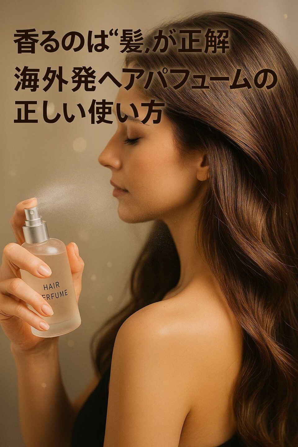 海外発のヘアパフュームを使い、髪からふんわり香らせる女性の横顔。柔らかな光の中でミストが漂い、高級感と上品さを演出しているイメージ。