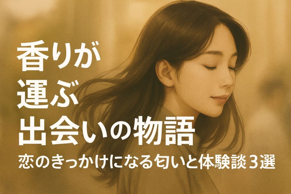 「香りが運ぶ出会いの物語｜恋のきっかけになる匂いと体験談3選」というタイトルが入ったアイキャッチ画像。柔らかい光に包まれた女性が目を閉じ、香りを感じている様子が描かれた、セミリアルなデジタルイラスト。