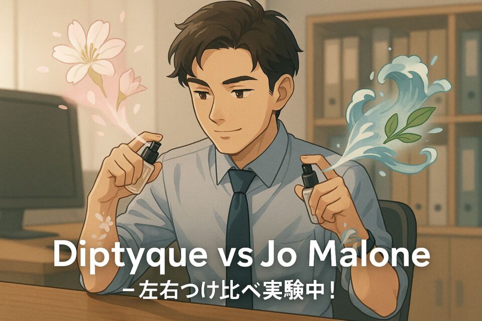 「オフィスのデスクに座る人物が、右腕にDiptyqueド ソン（花びらが舞う）、左腕にJo Maloneウッドセージ＆シーソルト（海風とセージが漂う）をつけ比べている様子を描いたセミリアル2Dアニメ風イラスト」