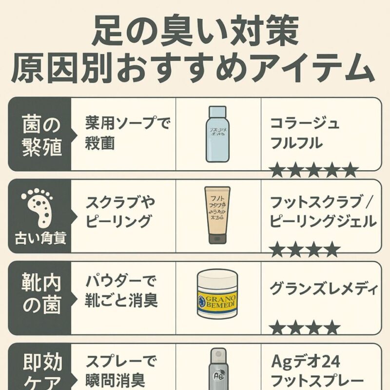 「足の臭い対策:原因別おすすめアイテム。菌の繁殖にはコラージュフルフル薬用ソープ、角質ケアにはフットスクラブ/ピーリング、靴内の菌にはグランズレメディ、即効ケアにはAgデオ24フットスプレー。それぞれ星評価付きで効果を示すインフォグラフィック。」