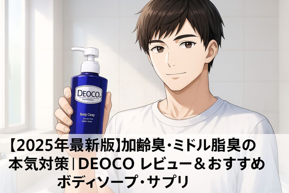 「DEOCOボディソープを持つ爽やかな若い男性キャラ。バスルームで柔らかな光に包まれ、加齢臭やミドル脂臭をケアする様子を描いた2Dアニメ風イラスト」