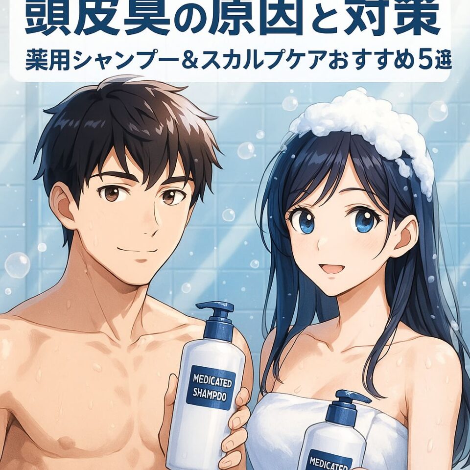 バスルームの柔らかな光の中で、薬用シャンプーボトルを持つ男女キャラクターの2Dアニメ風イラスト。背景には泡や水滴が舞い、ホワイトとブルー基調で清潔感を演出。「頭皮臭対策」をテーマにした爽やかなビジュアル。
