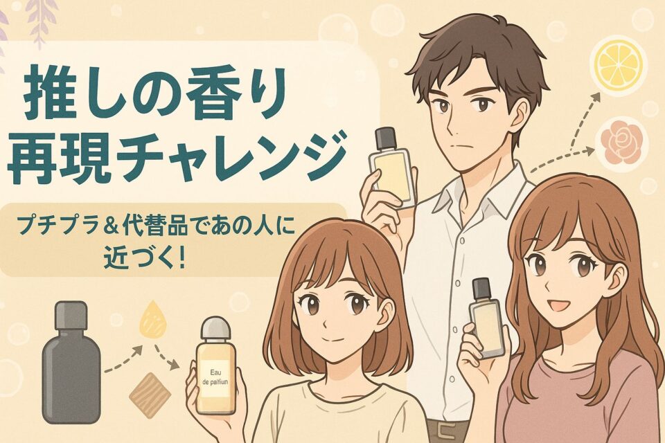推しの香り再現チャレンジのタイトルと、香水ボトルを持つ男女3人のアニメ風イラスト。プチプラや代替品で憧れの香りに近づくテーマを表現。
