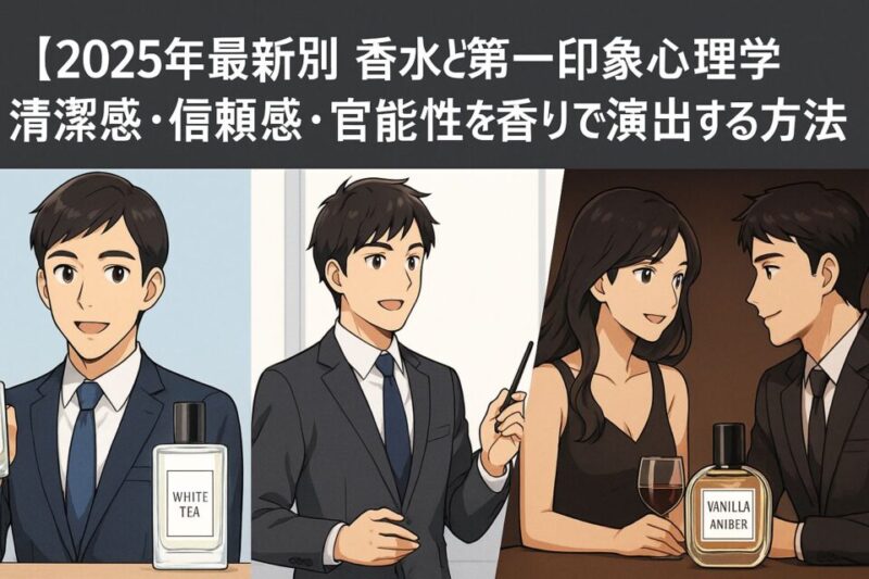 「【2025年最新版】香水と第一印象心理学｜清潔感・信頼感・官能性を香りで演出する方法」というタイトル入りアイキャッチ画像。左にホワイトティー香水と男性の清潔感シーン、中央にスーツ姿の男性が会議室でプレゼンする信頼感シーン、右に黒ドレスの女性と男性のナイトシーンでバニラアンバー香水を象徴する官能的な雰囲気が描かれた2Dアニメ風イラスト。