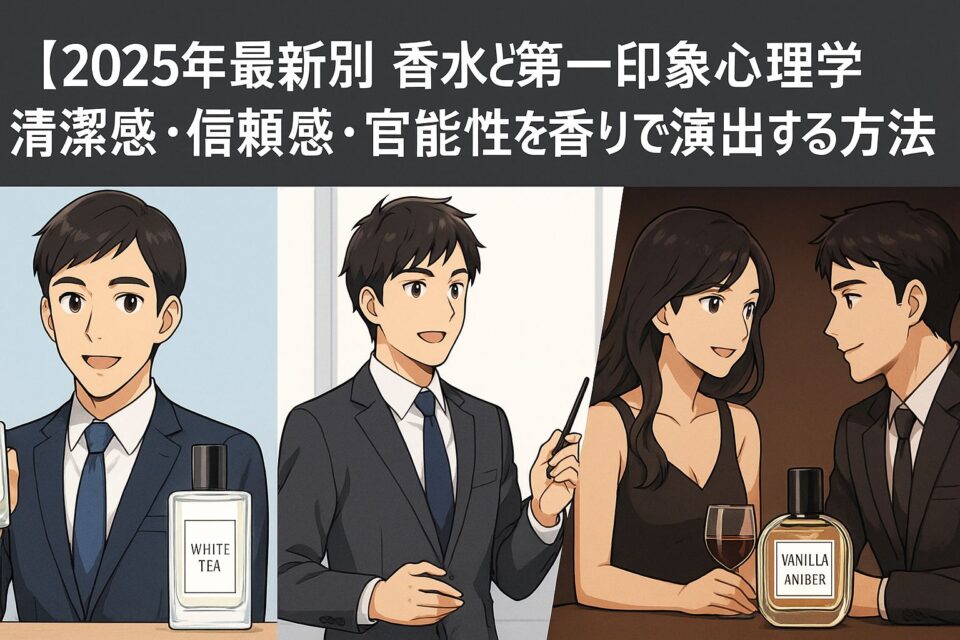 「【2025年最新版】香水と第一印象心理学｜清潔感・信頼感・官能性を香りで演出する方法」というタイトル入りアイキャッチ画像。左にホワイトティー香水と男性の清潔感シーン、中央にスーツ姿の男性が会議室でプレゼンする信頼感シーン、右に黒ドレスの女性と男性のナイトシーンでバニラアンバー香水を象徴する官能的な雰囲気が描かれた2Dアニメ風イラスト。