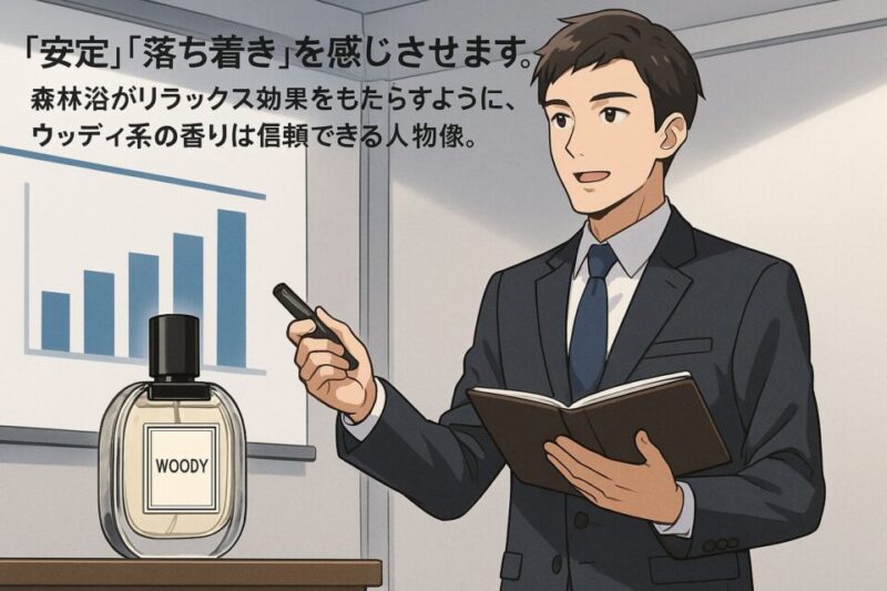 会議室でスーツ姿の男性がプレゼンテーションを行っている2Dアニメ風イラスト。スクリーンには棒グラフが映し出され、机の上には「WOODY」とラベルのある香水ボトル。ウッディ系の香りが安定感や信頼感を象徴するシーン。
