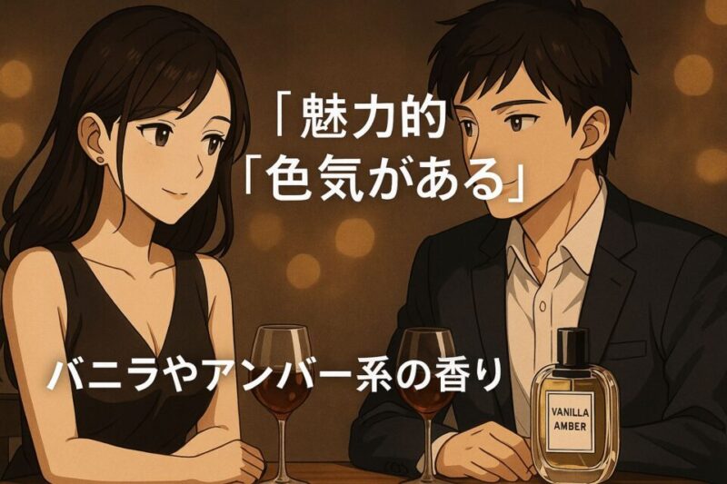 夜のデートシーンで、黒いドレス姿の女性とスーツ姿の男性が向かい合って座り微笑み合う2Dアニメ風イラスト。テーブルの上にはワイングラスと「VANILLA AMBER」とラベルのある香水ボトルが置かれ、官能的で魅力的な雰囲気を演出している。