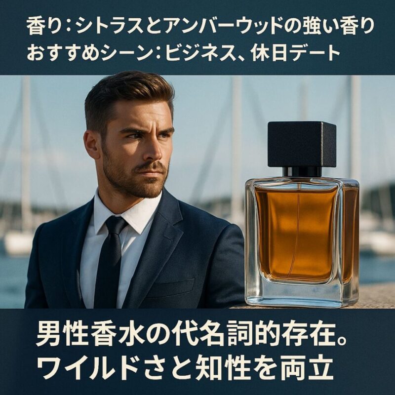 「スーツ姿の男性と琥珀色の香水ボトル。シトラスとアンバーウッドの香りを表現し、ビジネスや休日デートに合う男性香水の代名詞として、ワイルドさと知性を両立したイメージ広告。」