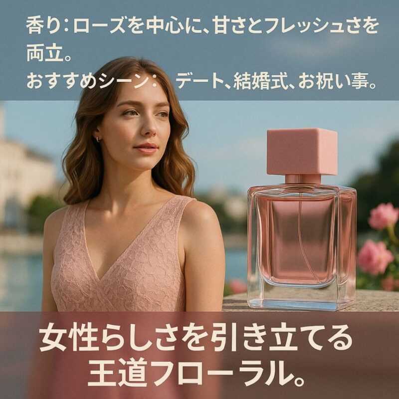 「ピンクのドレスを着た女性がバラの花に囲まれて立ち、隣にローズ系の香水ボトルが配置された広告。甘さとフレッシュさを両立する香りで、デートや結婚式、お祝い事に合う女性らしさを引き立てる王道フローラルを表現。」