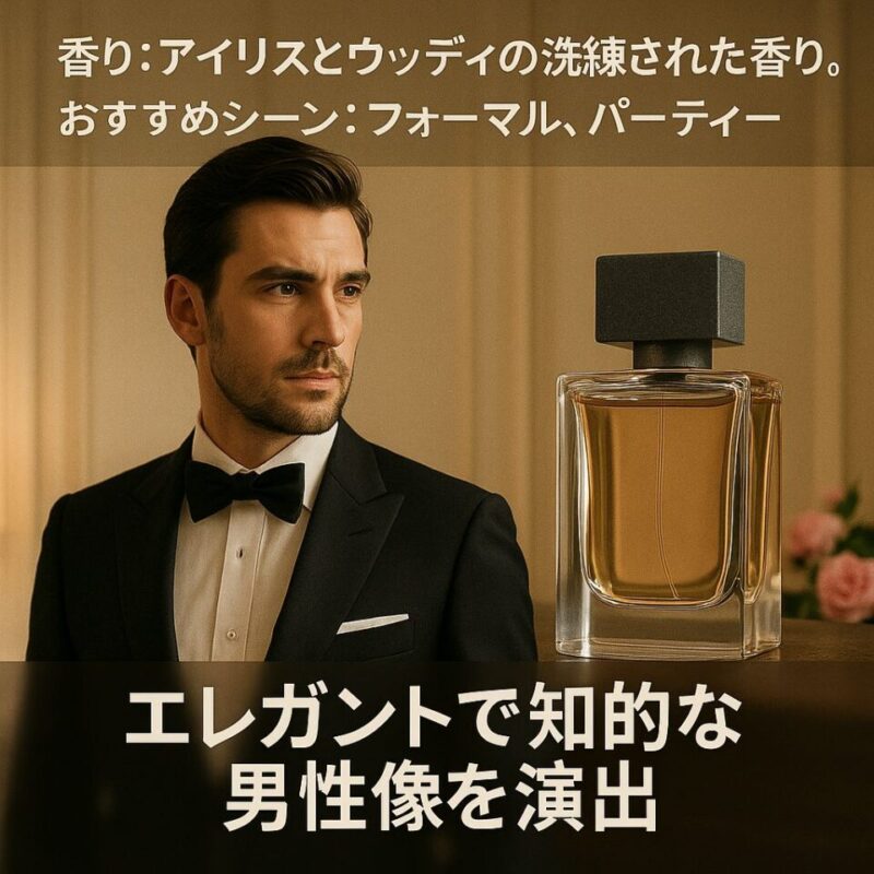 「タキシード姿の男性と琥珀色の香水ボトル。アイリスとウッディの洗練された香りで、フォーマルやパーティーに合うエレガントな男性像を表現。」