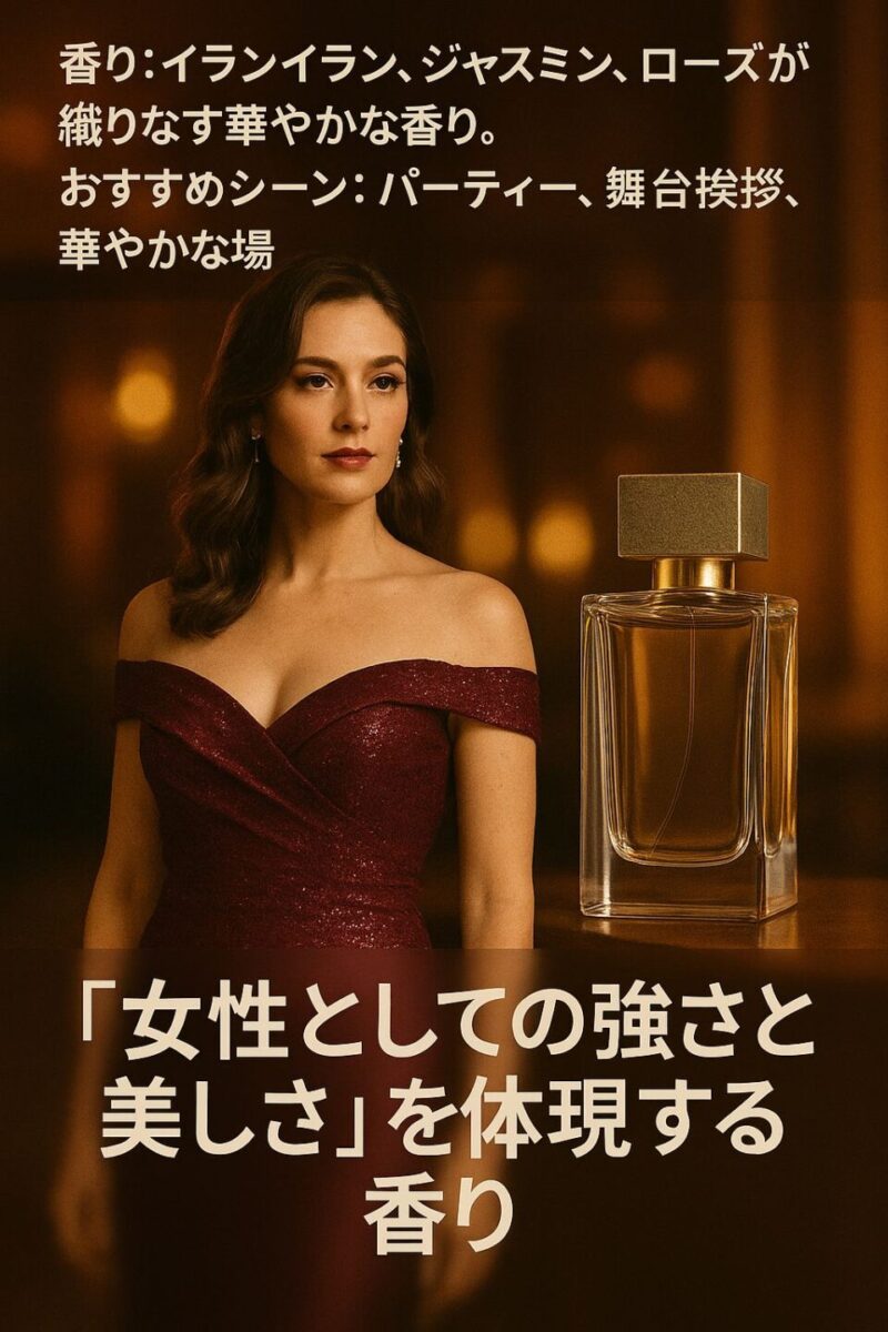 「深紅のドレスを纏う女性と香水ボトル。イランイラン、ジャスミン、ローズが織りなす華やかな香りで、強さと美しさを表現。」