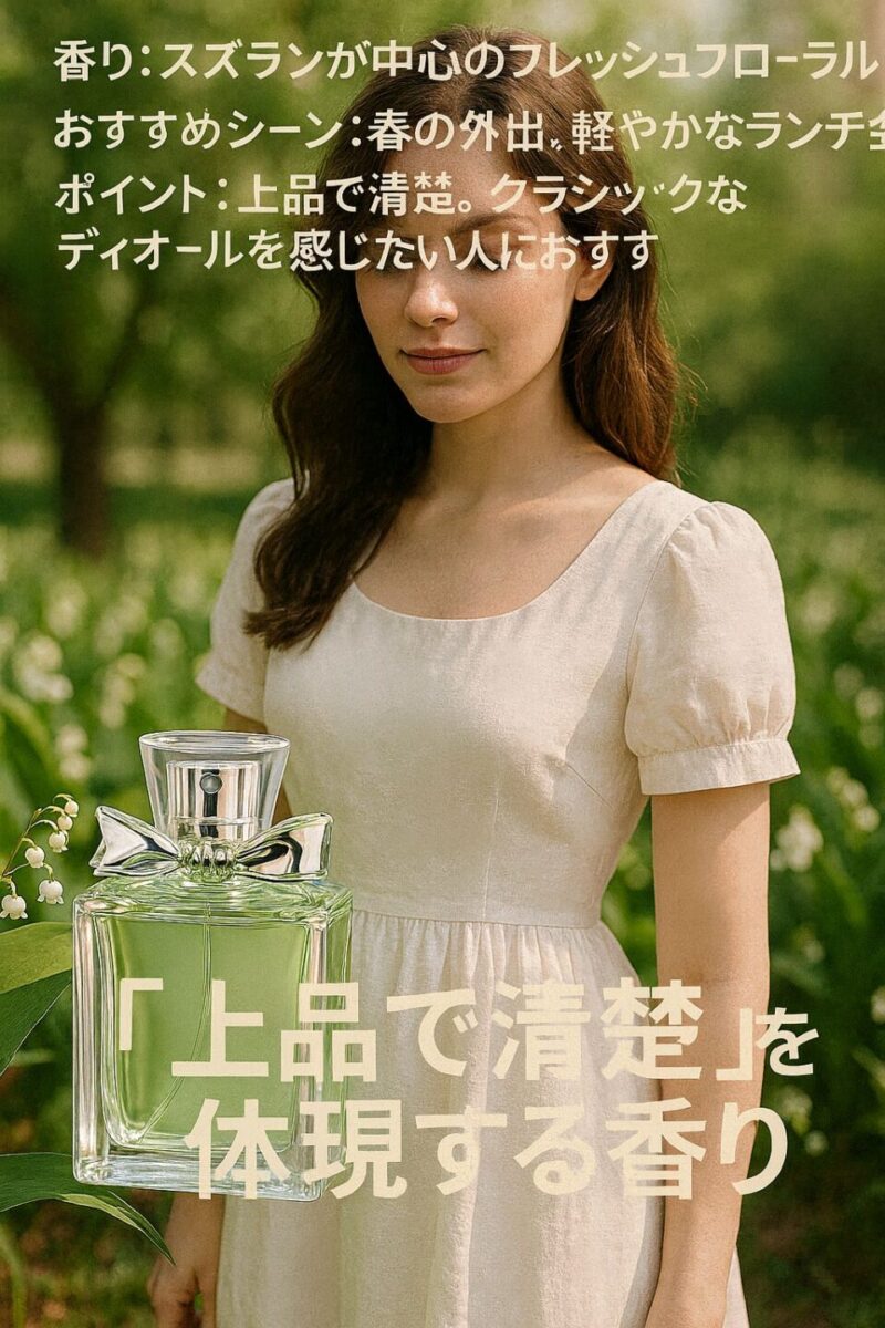 「白いワンピースの女性と淡いグリーンの香水ボトル。スズラン中心のフレッシュフローラルを上品で清楚に表現した広告。」