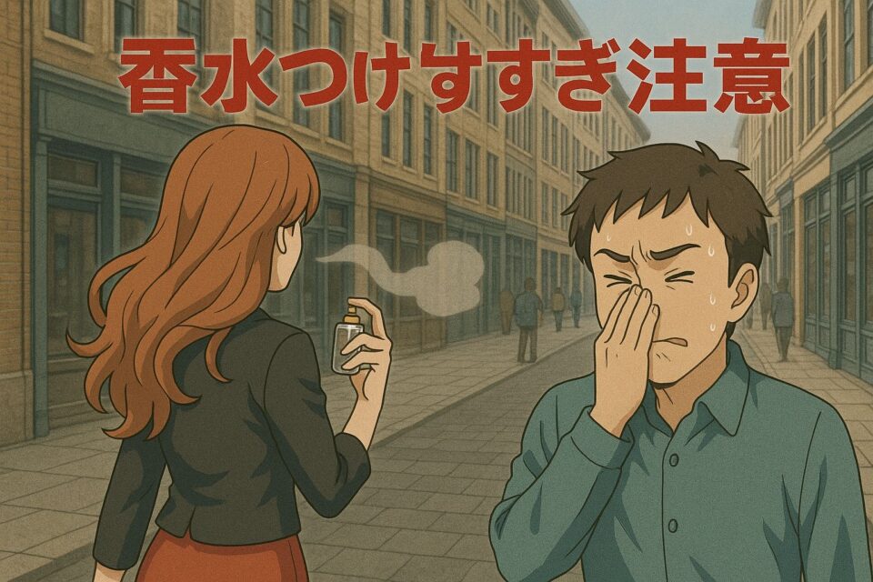 「昼間の街並みで派手な女性が香水を右手に吹きかけながら歩き、すれ違った男性が強烈な匂いに顔をしかめ鼻を押さえる。上部には赤文字で『香水つけすぎ注意』と警告が描かれているアニメ風イラスト。」