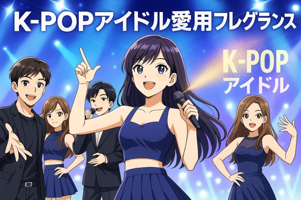 「ステージで踊る5人組K-POPアイドルグループを描いた2Dアニメ風イラスト。タイトル『K-POPアイドル愛用フレグランス』入りのアイキャッチ画像。」