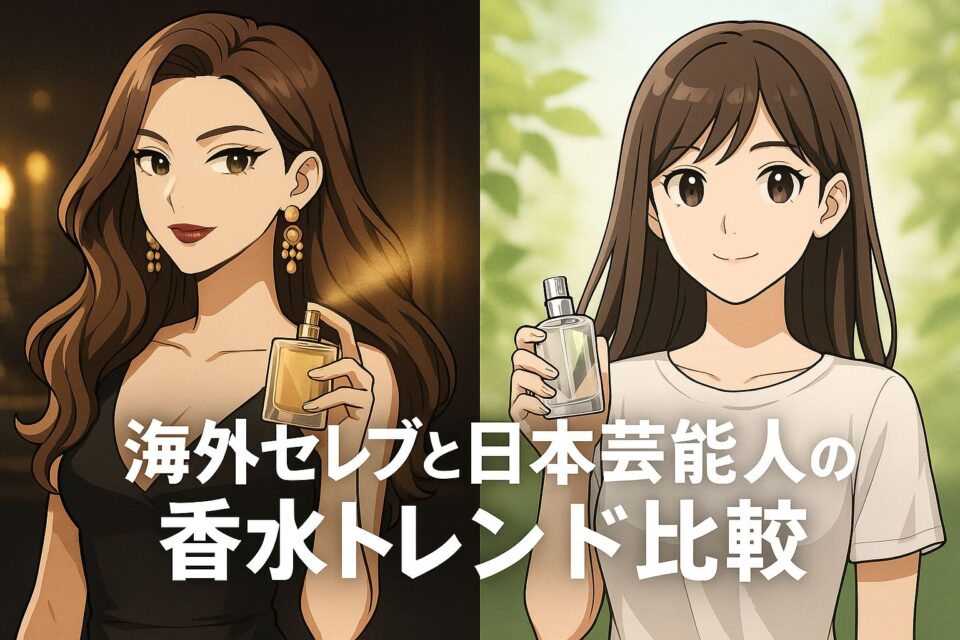 2Dアニメ風のアイキャッチ画像。左側にゴージャスで高級感ある海外セレブ風の女性、右側にナチュラルで柔らかい雰囲気の日本芸能人風の女性が描かれており、中央に「海外セレブ vs 日本芸能人 香水トレンド」とインパクトあるタイトルが配置されている。