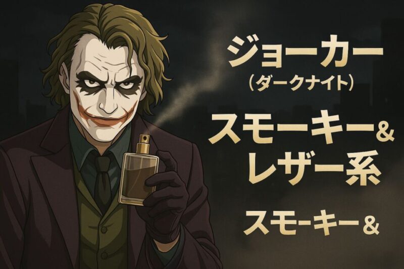 2Dアニメ風のジョーカー風キャラクター。紫のスーツと緑のベストを着て、特徴的なピエロ風メイクをしている。手に香水ボトルを持ち、スプレーからスモーキーな香りの煙が漂い、不穏でカリスマ性ある雰囲気を醸し出している。