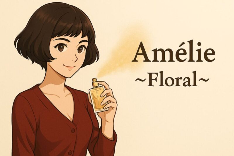 2Dアニメ風のアメリ風キャラクター。短い黒髪のボブカット、大きな瞳、赤いワンピースを着ている。手に香水ボトルを持ち、フローラルな香りのミストを吹きかけている。背景は柔らかいベージュ調で、温かくロマンチックな雰囲気。