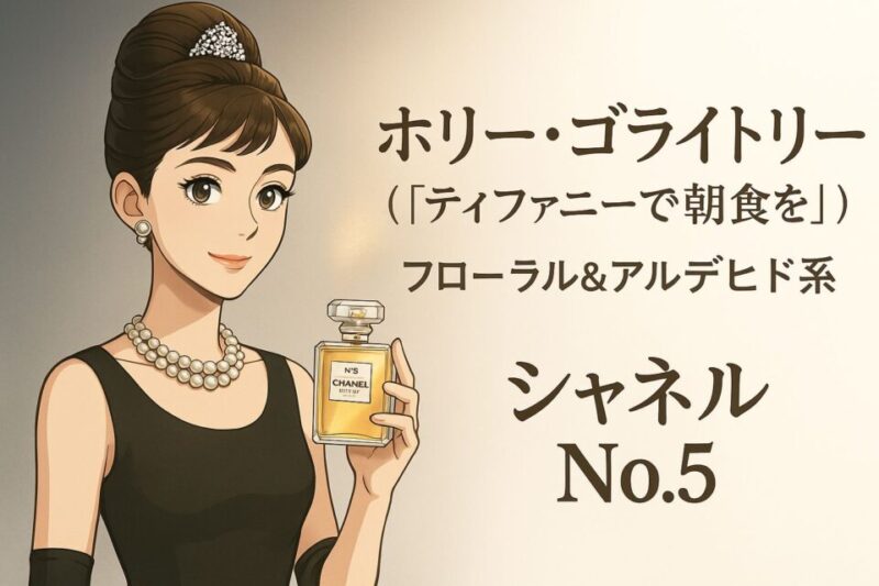 2Dアニメ風で描かれた『ティファニーで朝食を』のホリー・ゴライトリー。黒いドレスと真珠のネックレスを身につけ、シャネルNo.5の香水ボトルを手に持ち、優雅に微笑んでいる。背景は柔らかい光に包まれ、フローラル＆アルデヒド系の雰囲気を表現している。