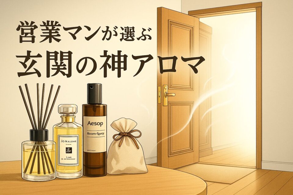 玄関の扉が開き、白と木目を基調とした空間に光と香りがふわっと広がる。手前にディフューザーやルームスプレーが上品に並び、「営業マンが選ぶ 玄関の神アロマ」のタイトルが高級感のあるゴールド文字でデザインされた2Dアニメ風イラスト。