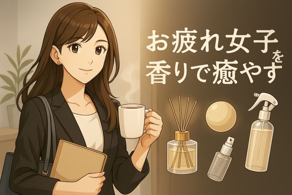 「働くキャリアウーマンがデスクでリラックスする様子を描いた2Dアニメ風イラスト。清潔感のあるオフィス空間に香りアイテムがさりげなく配置され、癒しと上品さを感じさせるデザイン。短くインパクトのあるタイトルが上部に配置されている。」