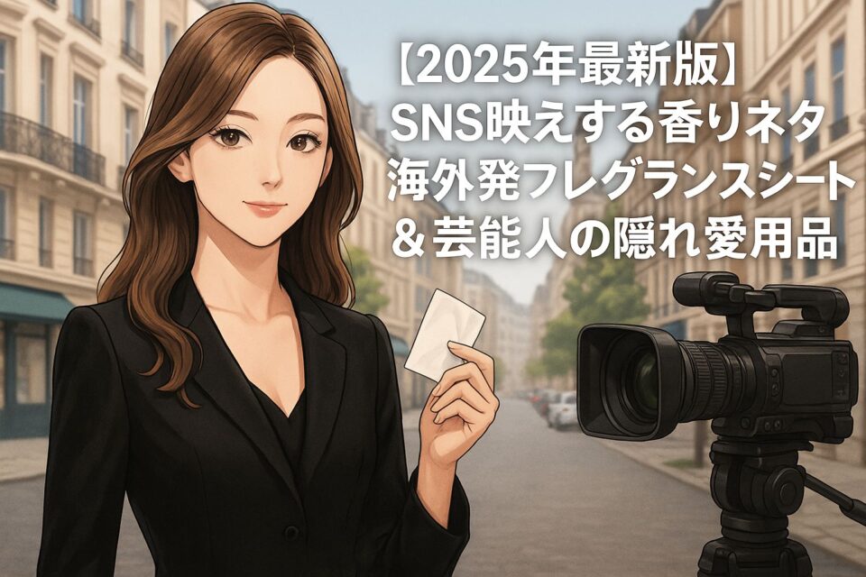 「【2025年最新版】SNS映えする香りネタ。黒のエレガントなスーツを着た女性がフレグランスシートを手に微笑む。髪には自然なメッシュが入り、都会の街並みを背景にCM撮影風の雰囲気で描かれたリアル寄りの2Dアニメ風イラスト。横には撮影用のビデオカメラが映っている。」
