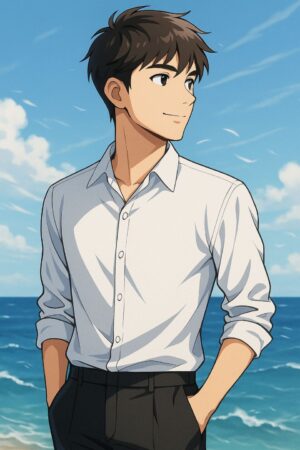 海辺で海風に当たりながら立つ、黒シャツと黒スラックスを着た爽やかな雰囲気の男性の2Dアニメ風イラスト。自然体でシンプルなスタイルが魅力的な印象を与える。