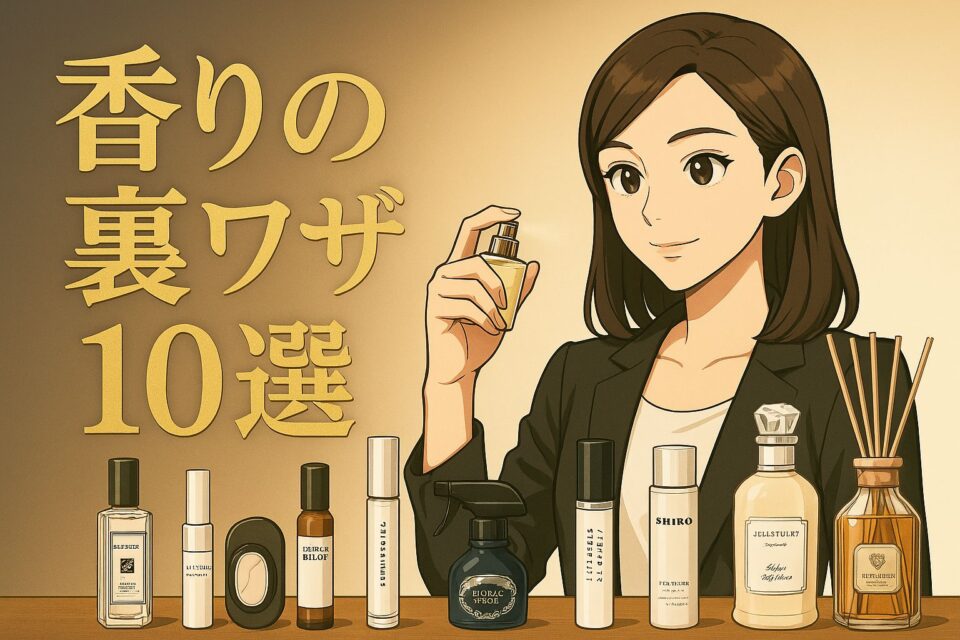 高級感のある金色のタイトル「香りの裏ワザ10選」が入った2Dアニメ広告風のビジュアル。おしゃれな女性が香水を吹きかけているイメージで、背景は洗練された雰囲気の室内。香水やアロマアイテムが周りに配置され、上質な香りのテクニックを紹介する記事をイメージさせるデザイン。