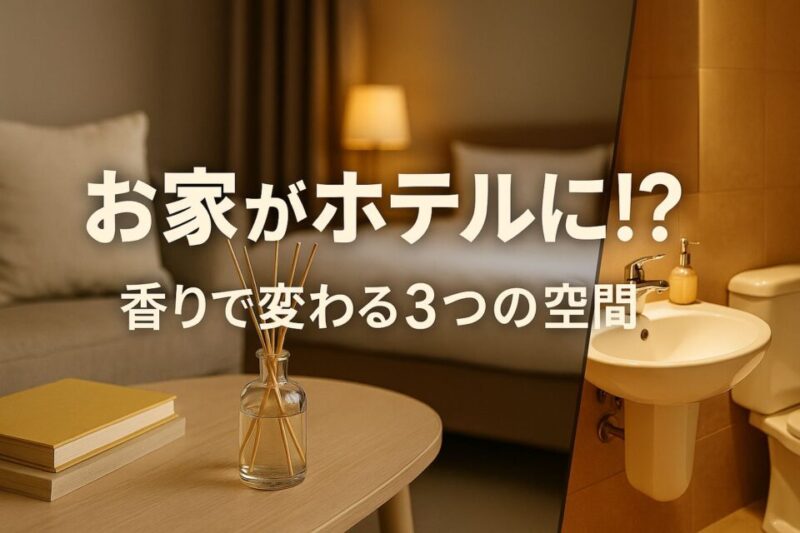 高級ホテルのような雰囲気をイメージしたおしゃれな部屋の写真。リビング、寝室、トイレを示す3つの空間が上品に表現され、中央に「お家がホテルに!? 香りで変わる3つの空間」というキャッチーなタイトルが配置されている。香りで自宅をワンランク上の空間に演出するイメージ。
