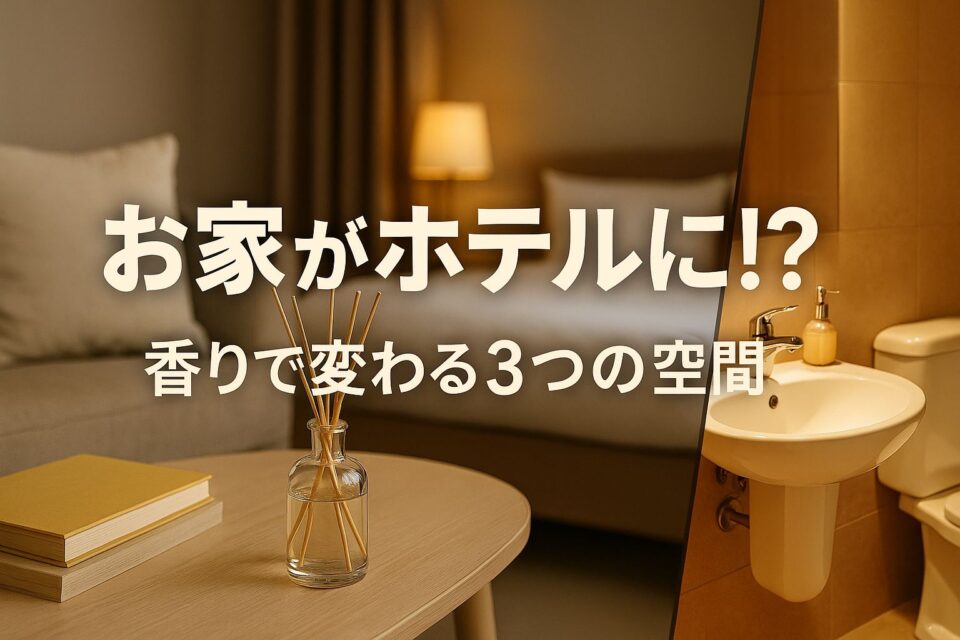 高級ホテルのような雰囲気をイメージしたおしゃれな部屋の写真。リビング、寝室、トイレを示す3つの空間が上品に表現され、中央に「お家がホテルに!? 香りで変わる3つの空間」というキャッチーなタイトルが配置されている。香りで自宅をワンランク上の空間に演出するイメージ。