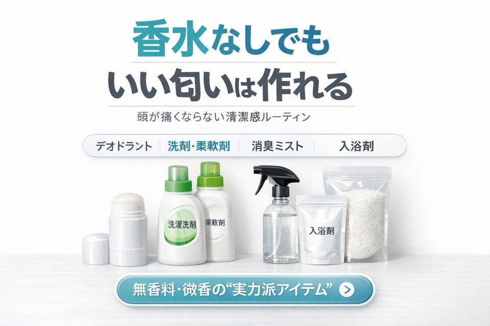 無香料・微香のデオドラント、洗剤、消臭ミスト、入浴剤を並べたチラシ風アイキャッチ画像。「香水なしでも いい匂いは作れる」「頭が痛くならない清潔感ルーティン」という文字が入った清潔感のあるデザイン