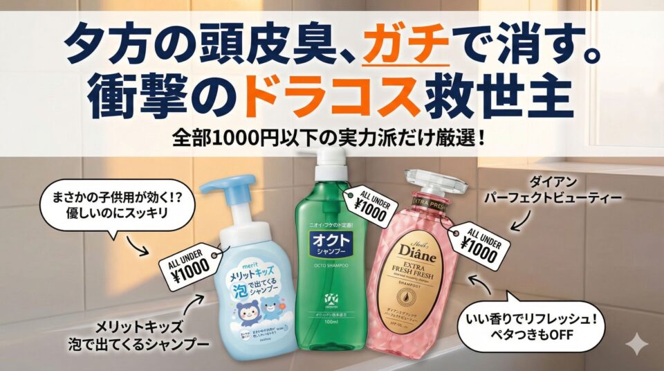 夕方の頭皮臭、ガチで消す。衝撃のドラコス救世主」「全部1000円以下の実力派だけ厳選！」。画像には、メリットキッズ泡で出てくるシャンプー、オクトシャンプー、ダイアンパーフェクトビューティーのボトルが並び、「まさかの子供用が効く！？」「ニオイ・フケのド定番！」「いい香りでリフレッシュ！」といった吹き出しと、「ALL UNDER ¥1000」のタグが付いています。背景は夕方の浴室で、下部には「ドラッグストアで今すぐ買える！もう夕方ニオわせない！」と記載されています。