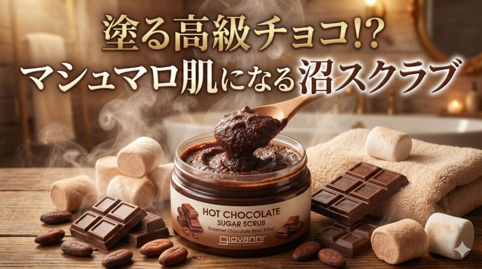 ジョヴァンニのホットチョコレートシュガースクラブの瓶から、木のスプーンで濃厚なスクラブをすくい上げている、湯気が立つ温かい写真。周囲には板チョコレート、カカオ豆、マシュマロ、タオルが配置されている。画像上部には金色と茶色の文字で「塗る高級チョコ!? マシュマロ肌になる沼スクラブ」というタイトルが大きく書かれている。