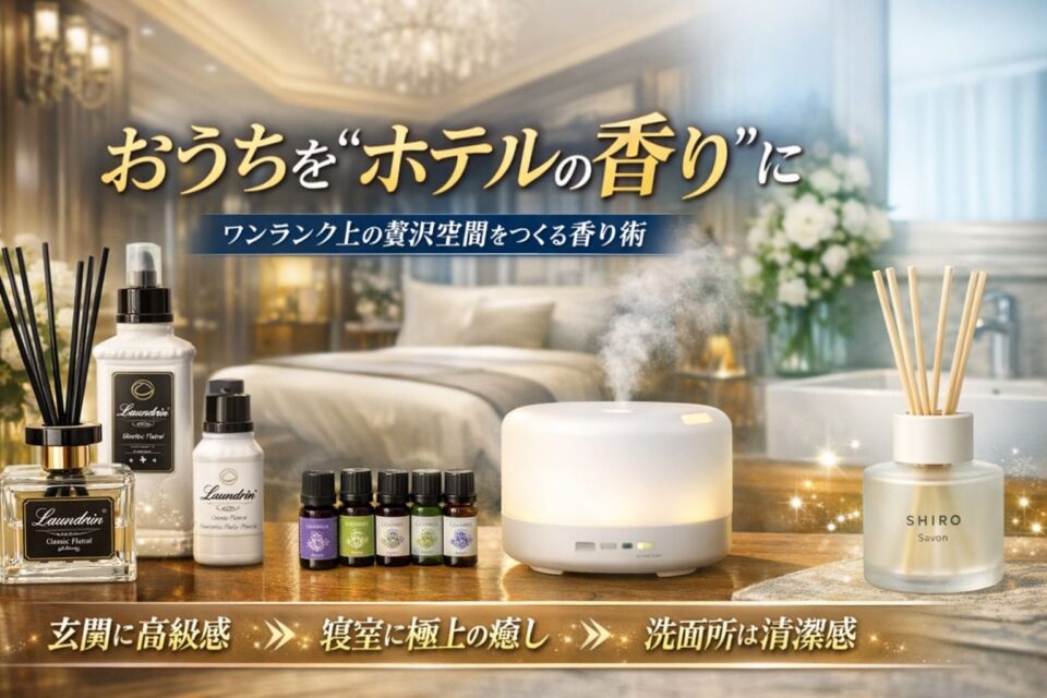 玄関・寝室・洗面所をホテルの香りに統一するディフューザー特集。ランドリン、無印良品アロマディフューザー、SHIROサボンを使った家中まるごと香り統一ガイドのアイキャッチ画像