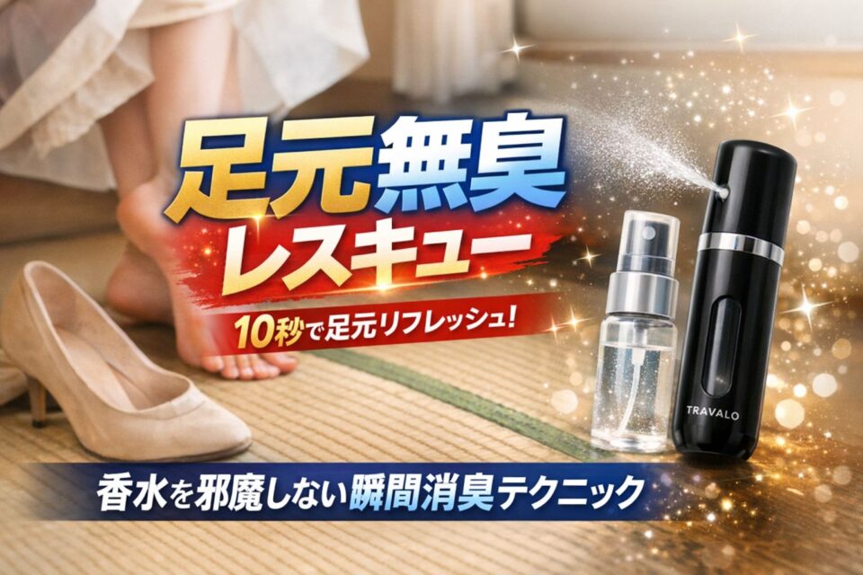外出先で香水を邪魔せず足のニオイを10秒で無臭化する方法を紹介したアイキャッチ画像。パンプスを脱いだ足元と、無香料消臭ミストとアトマイザーが写っている。