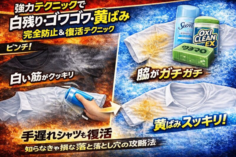 白シャツの黄ばみ・白残り・ゴワつきを落とす洗濯テクニック比較画像｜デオドラント汚れ対策