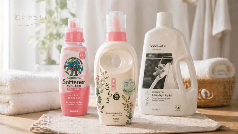 肌にやさしい柔軟剤3種（さらさ・ヤシノミ・エコストア）を並べた、自然光の差し込む清潔感のあるランドリーシーン