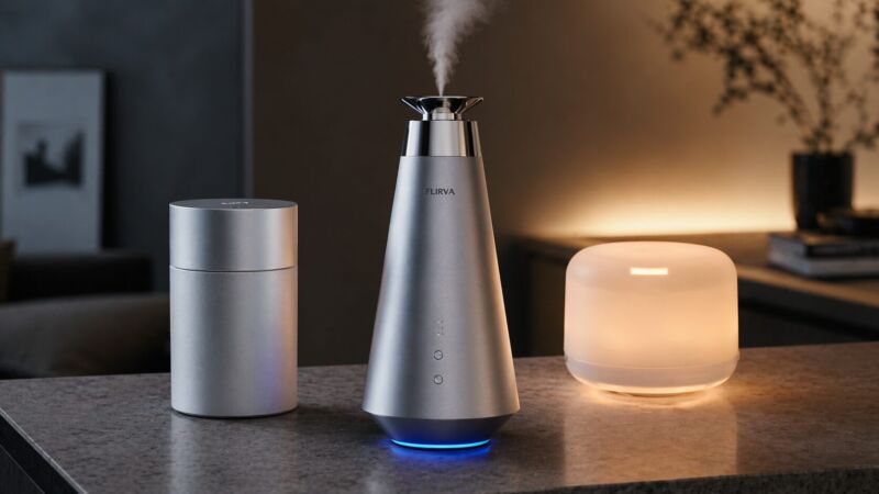 ネブライザー式と超音波式アロマディフューザーを比較した高級感あるインテリア空間の縦長画像