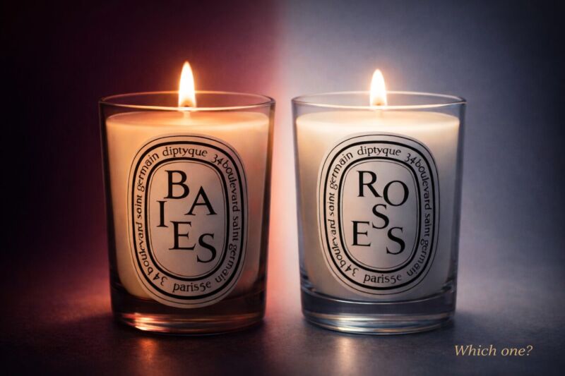 Diptyqueの人気キャンドルBAIESとROSESを比較したアイキャッチ画像。暖かい光で灯る2つのキャンドルと「Which one?」のテキスト。