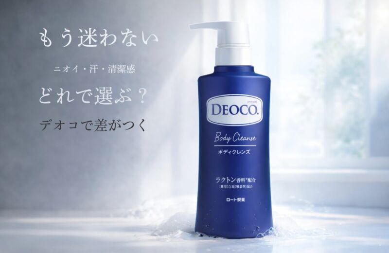 デオコ（DEOCO）ボディクレンズのアイキャッチ画像。ニオイ・汗・清潔感の悩みを解決する薬用ボディソープを清潔感ある背景で表現