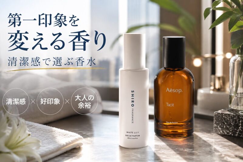 SHIRO ホワイトリリーとAesop タシットの香水ボトルを、高級ホテル風の洗面空間に並べたフレグランスイメージ。自然光が差し込む大理石の上に白リネンや観葉植物が配置され、清潔感と大人の余裕を感じる洗練された雰囲気。