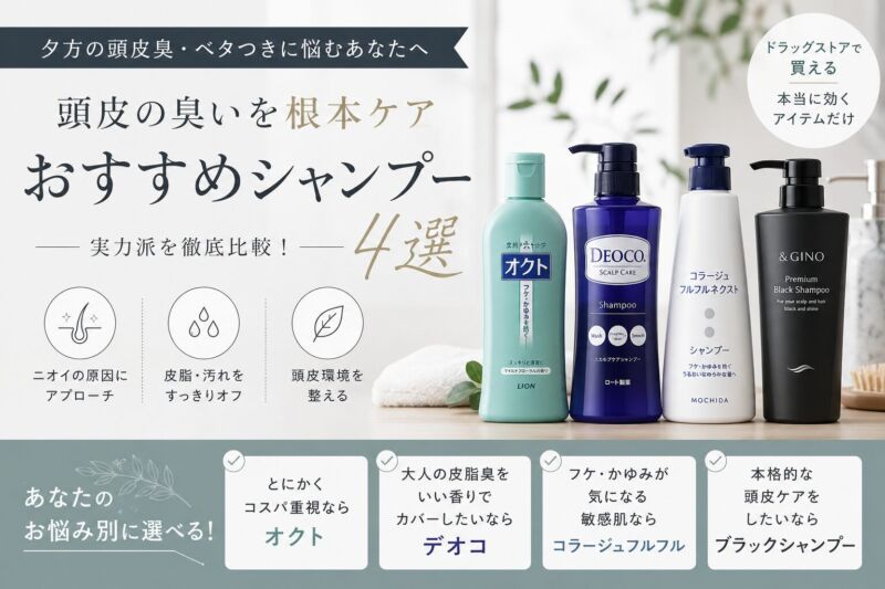 夕方の頭皮臭やベタつきに悩む人向けのシャンプー比較アイキャッチ画像。オクト、デオコ、コラージュフルフル、ブラックシャンプーを並べ、頭皮の臭いを根本ケアするおすすめシャンプー4選を紹介している。