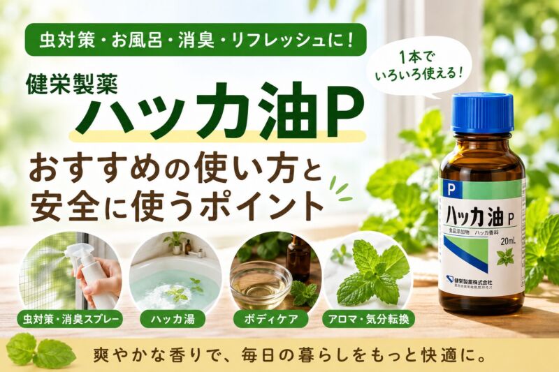 健栄製薬 ハッカ油Pのおすすめの使い方を紹介する画像。虫対策・消臭スプレー・ハッカ湯・ボディケア・アロマなど幅広い活用法と安全な使い方を解説。