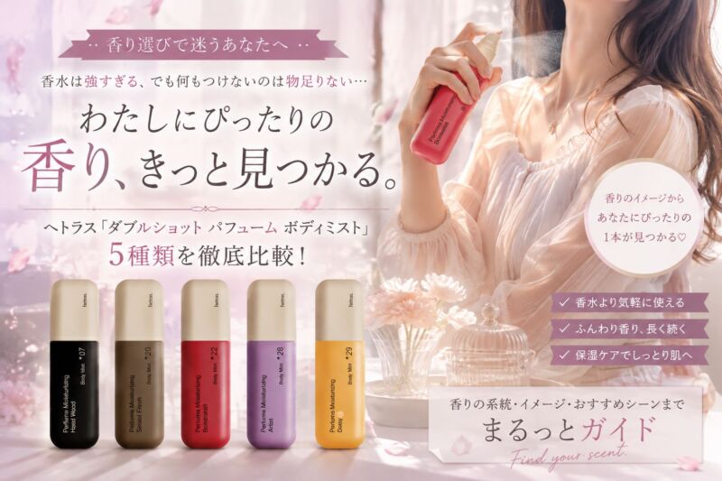 ヘトラスのダブルショット パフューム ボディミスト5種類を比較した香りガイド。ホテルウッド、サンタルフレッシュ、ボムシェル、アーティスト、デイジーの5種類の商品と、赤いボムシェルを手に持つ女性が写った、ピンクとラベンダーを基調とした華やかな広告ビジュアル。