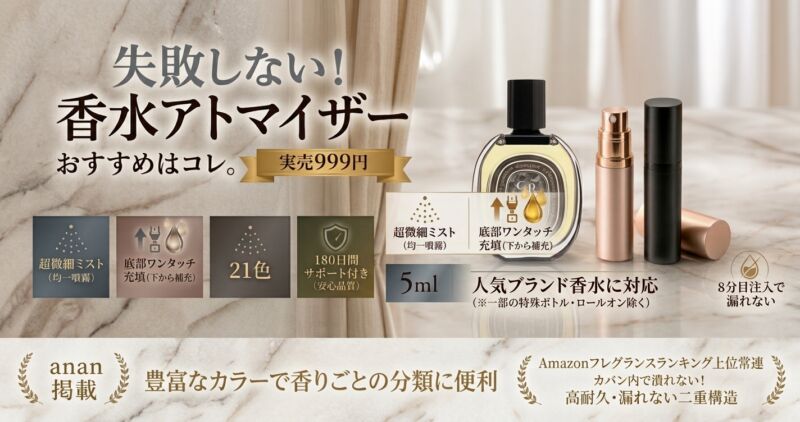 香水アトマイザー（実売999円）の製品紹介画像。Diptyqueの香水瓶とアトマイザー、超微細ミストや底部ワンタッチ充填などの特徴、anan掲載やAmazonランキング上位といった実績を表示。