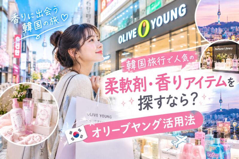 韓国旅行で人気の柔軟剤や香りアイテムを探す女性とオリーブヤングの店舗、ソウルの街並みやNソウルタワーを描いた縦長のイメージ画像