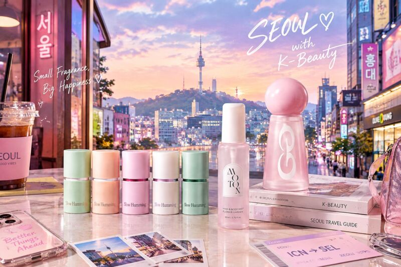 韓国プチプラフレグランスのSlow HummingとMOTONの商品を、Nソウルタワーやソウルの街並み、カフェ、旅行小物とともに配置した、韓国トレンドを感じるパステルカラーの縦長ビューティー画像。